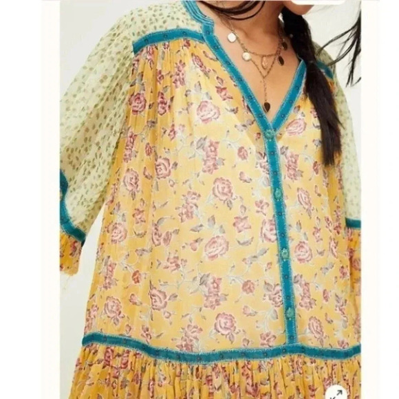 NWT Free People Rosebud Mix Print Long Sleeve Floral Mini Dress Yellow Small - Picture 5 of 8